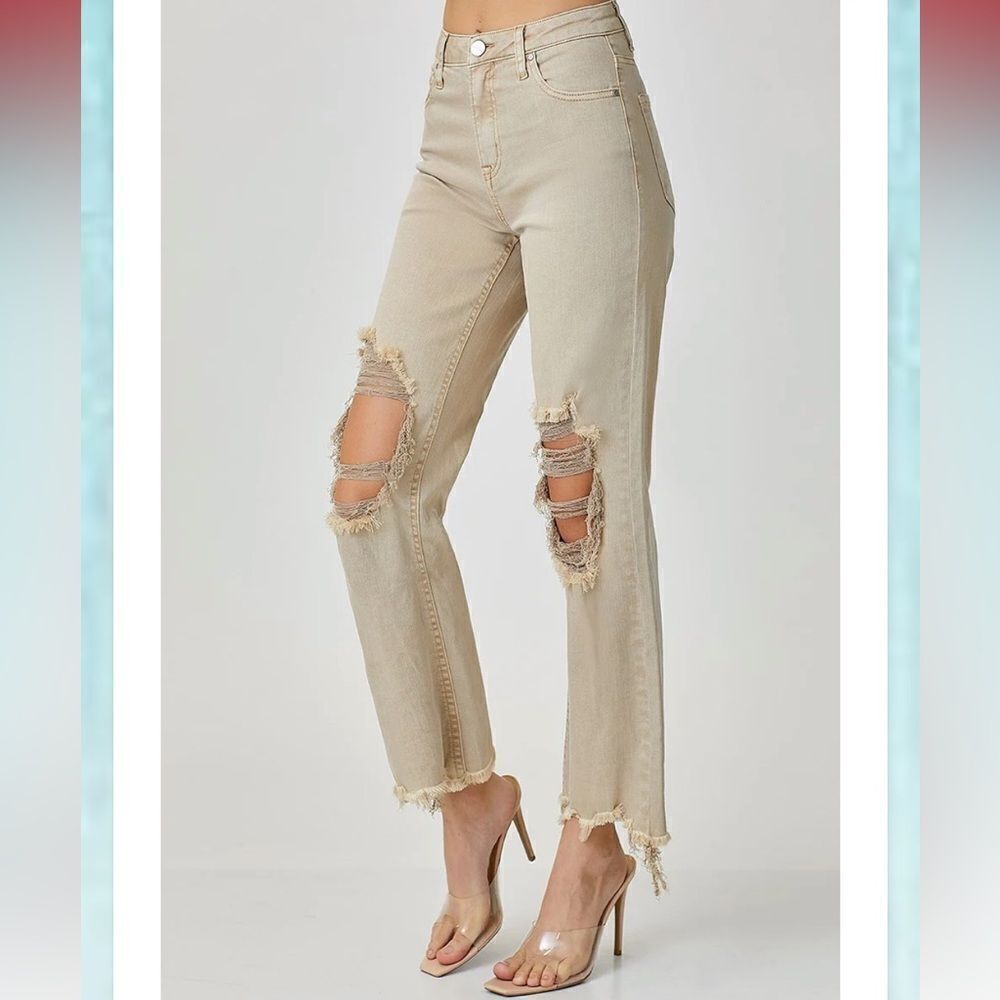 RISEN LOS Angeles Sand High Rise Distressed Straight Leg Jean Raw Hem 7/28 NEW - Picture 5 of 16